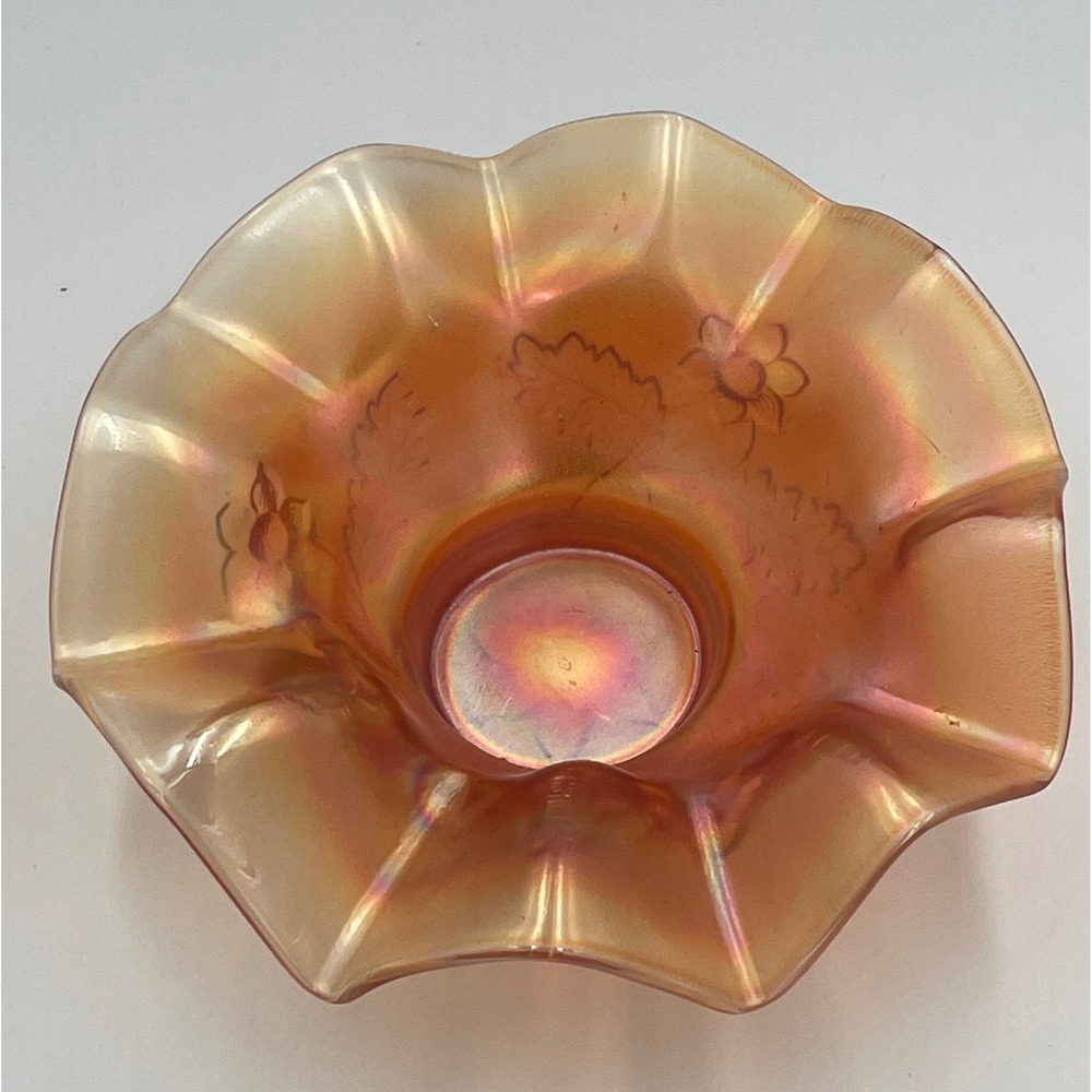 Vintage Northwood Marigold Carnival Glass Pansy Ruffled Footed Bowl Iridescent